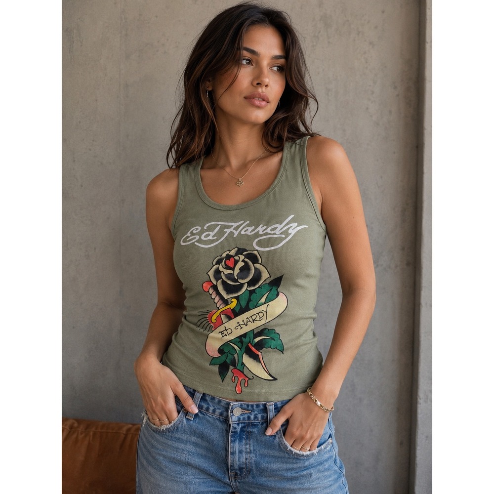 Ed Hardy Women Ribbed Tank Top Light Olive Rose Dagger Graphic EEHW1207-1 L